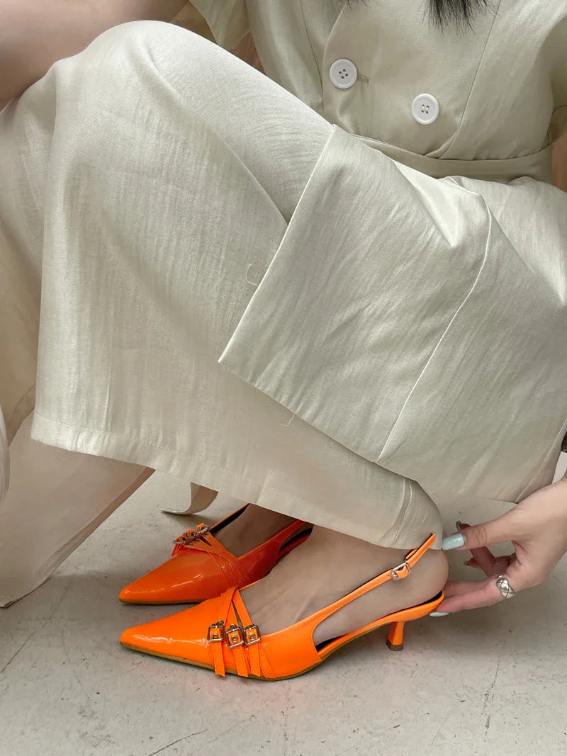 Orange Ladie Pumps Pink High Heels Pointed Toe Slingback Shoes Belt Buckle Low Heel Office Shoes Blue