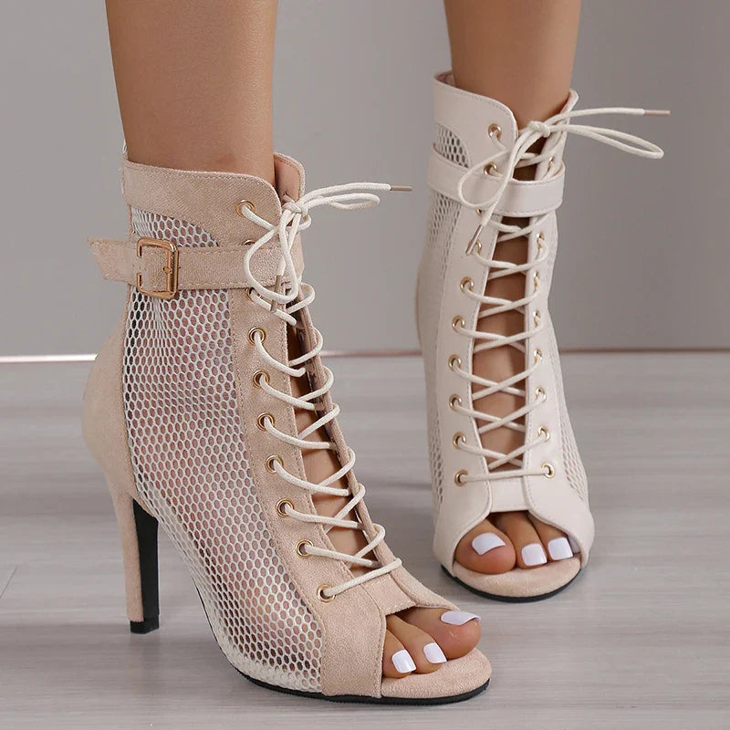 Show Net Fabric Cross Strap High Heel Sandals Pumps Lace-up Peep Toe Sandals Casual Mesh