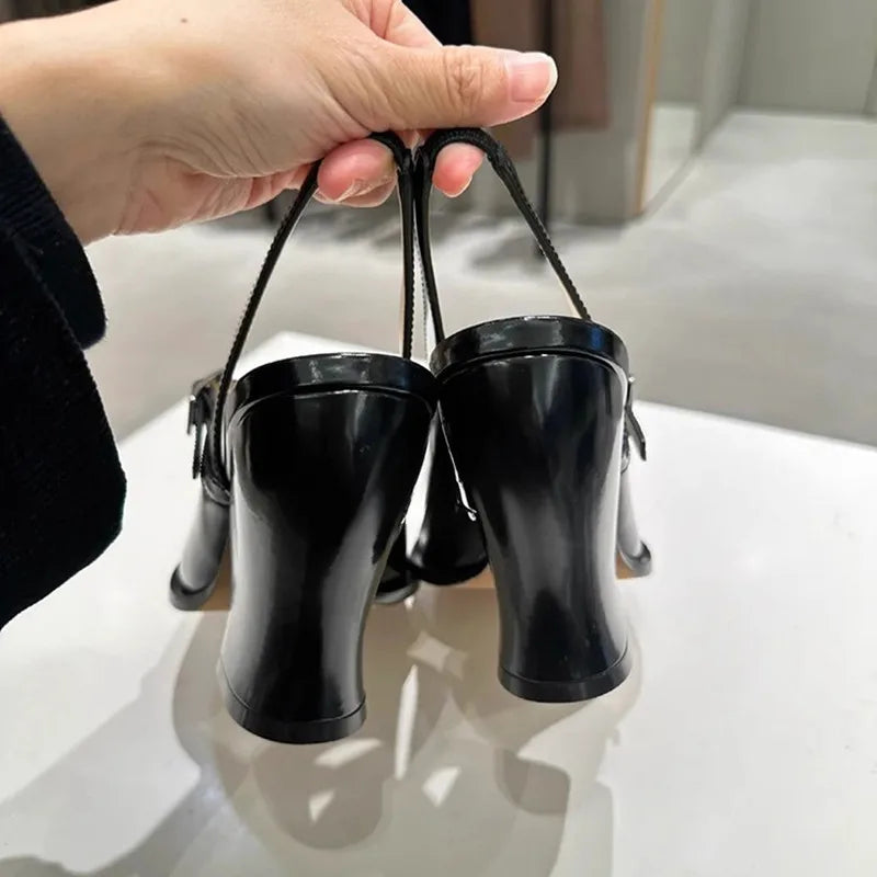 Black Patent Leather Mary Janes Slingbacks Wave Toe Chunky High Heels Office Lady Daily Shoes