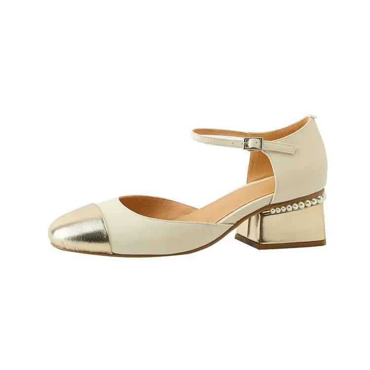 Sheepskin Leather Pumps Pearls Chunky Heels Shoes Brand Two Tone Buckle Pumps Wedding Party Dressy Shoes