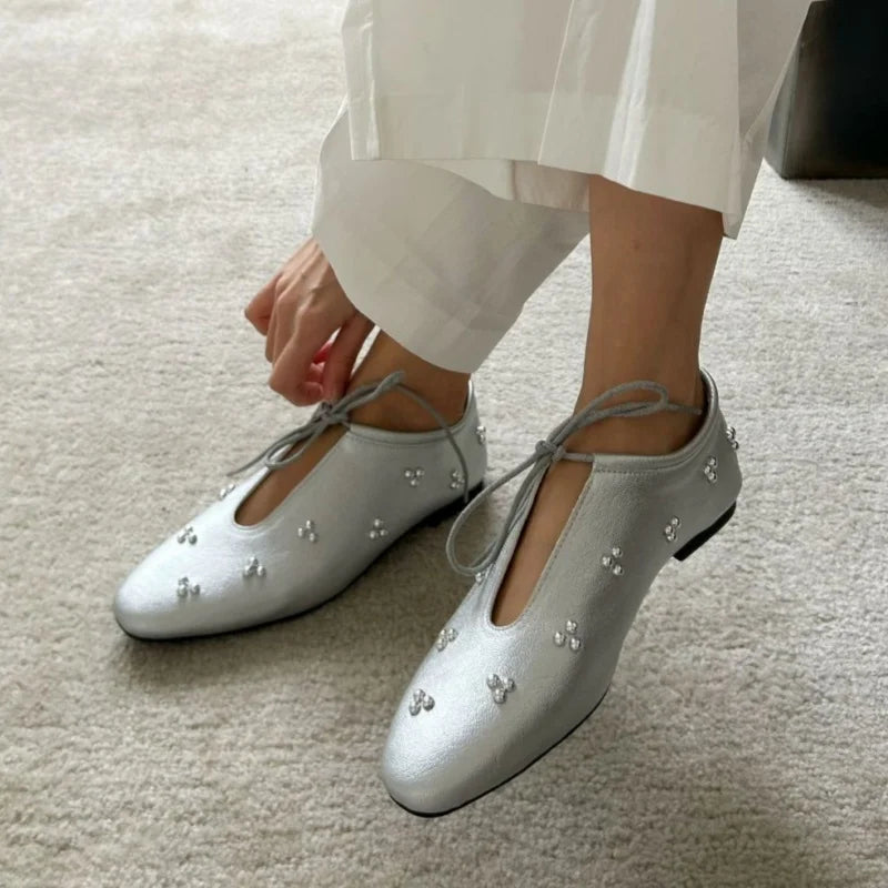Metal Rivet Decoration Shallow Mouth Ballet Flats High Quality Soft Bottom Lacing Flat Shoes Casual Comfy Shoes
