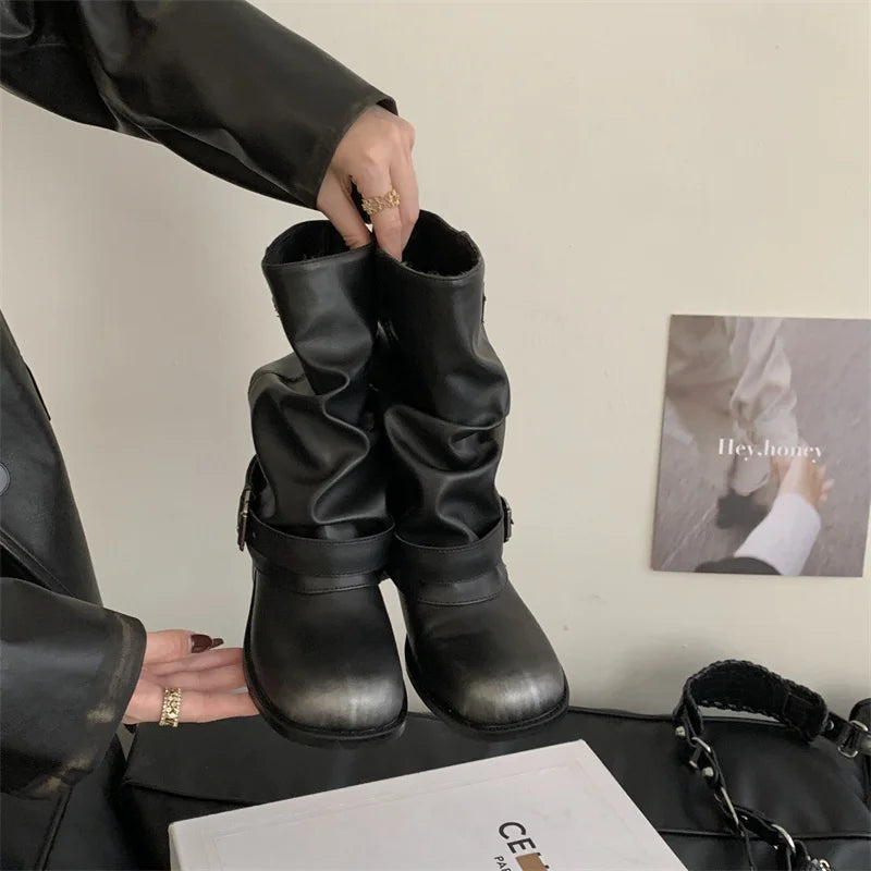 Black Boots Round Toe Chunky Heels Fall Shoes Belt Buckle Cowboy Boots