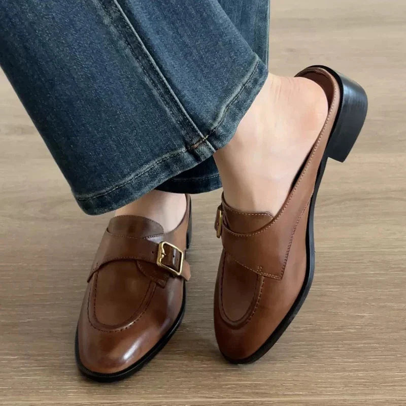 British Buckle Strap Mules Shoes Med-High Heels Slippers Slip On Derby Sliders Femmes Pantuflas PU Leather Loafers Woman