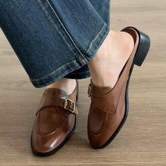 British Buckle Strap Mules Shoes Med-High Heels Slippers Slip On Derby Sliders Femmes Pantuflas PU Leather Loafers Woman