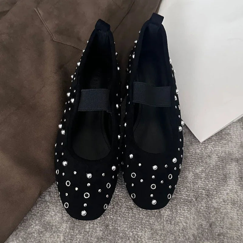 Retro Rivet Ballet Flats Suede Round Toe Mary Jane Shoes Comfort Shallow Flats Shoes Zapatos De Mujer