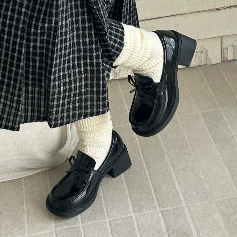 College Style Platform Loafers Shoes Shallow Slip On Shoes Elegant Thick Heel Leather Shoes