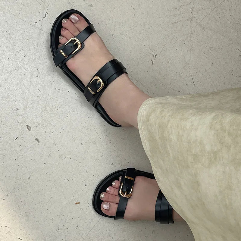 Big Size Footwear Leopard print Slippers Slides Shoes Beach Metal Buckle Flat Sandals Shoes