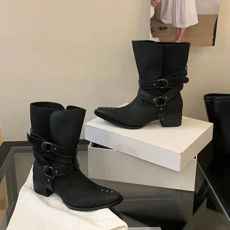 Black Chunky Heels Ankle Boots Woman Pointed Toe Rivet Fall Shoes Belt Buckle Western Style Cowboy Boots Zapatos Mujer