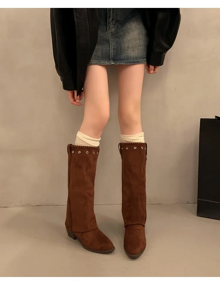 Vintage Thick Heel Western Cowboy Boots Button Combination Splicing Shoes Pipe Long Booties