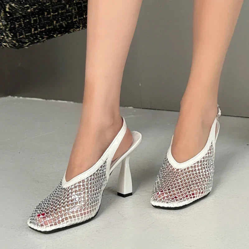 Rhinestone SquareToe Mesh Breathable Party Thin High Heeled Mule Shoes