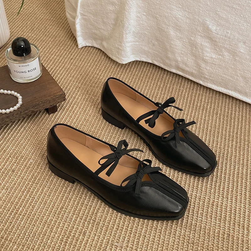 Elegant Bow Decoration Square Toe Shallow Mouth Single Shoes