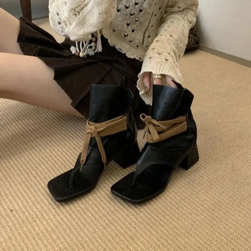 Woman Chunky Heels Boots Thong High-toe Shoes Lace Up High Heels Sandals Trends