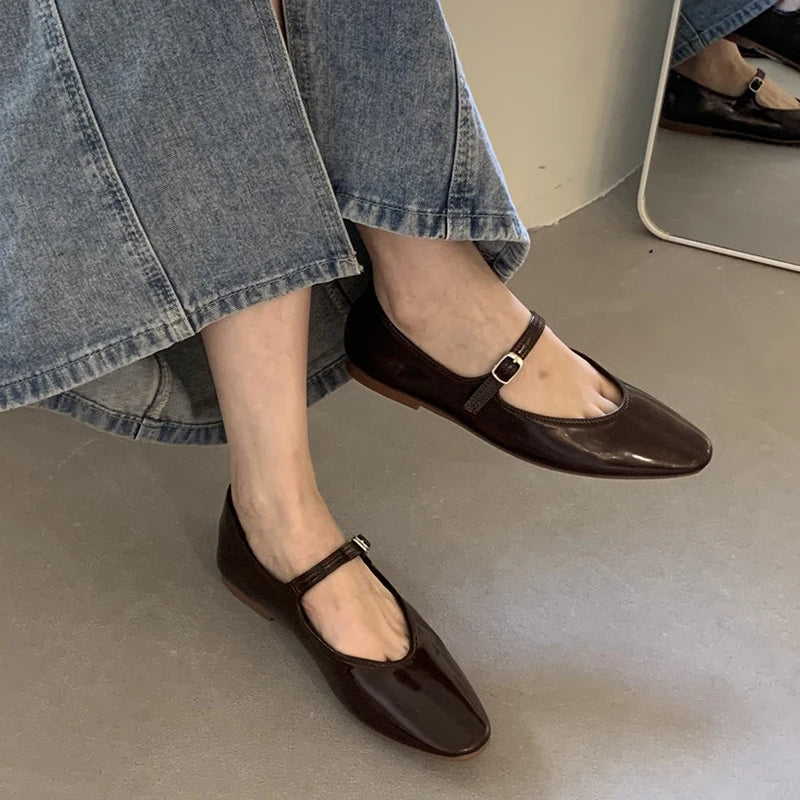 Flat mary janes shoes woman candy color soft leather ballet flats ankle strap comfy mocaasins