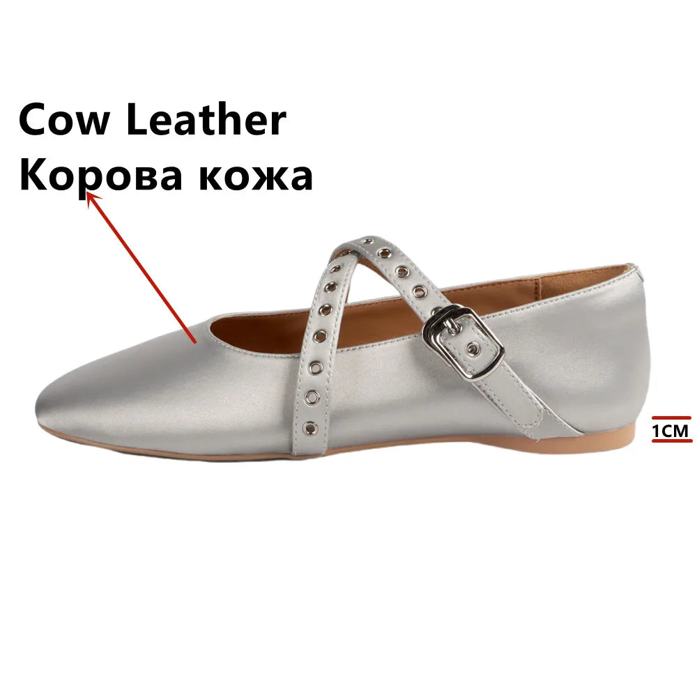 Flats Genuine Leather Ballet Flats Round Toe Buckle Strap Casual Comfortable Shoes Woman Concise