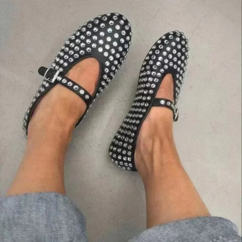 Casual Comfort Flat Mary Jane Single Shoes European and American Rivet Buckle Shoes Dance Shoes