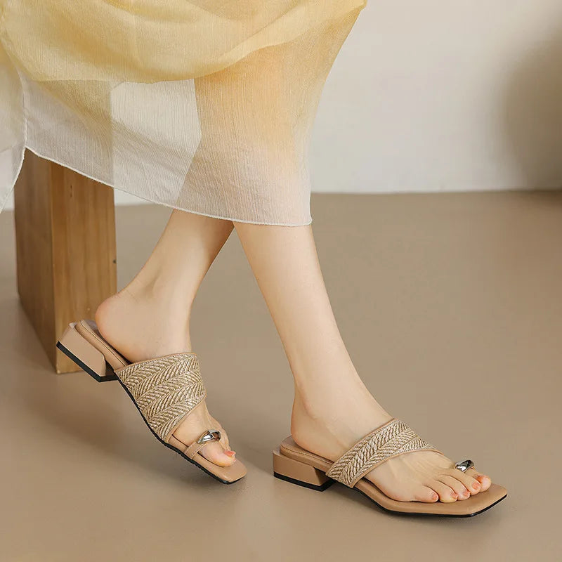 Slippers Casual Beach Shoes Low Slides Square Toe Rubber Flip Flops Sabot Hawaiian Soft PU Rome Fabric Leisure Hoof