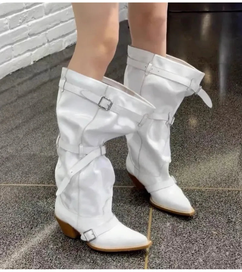 Vintage Pleated Belt Buckle Faux Suede Knee High Boots High heels Western Cowboy Knight Boots Shoes