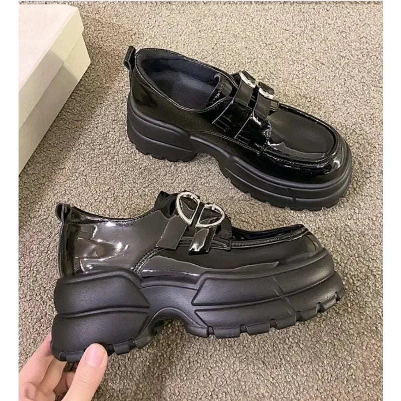 Loafers High Platform 7CM Shoes Thick Sole PU Leather British Metal Buckle Simple Mary Jane Shoes
