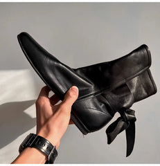 Soft Leather Lace-up Ankle Boots Comfortable Flats Short Booties Bowknot Chelsea Boots Shoes Botas
