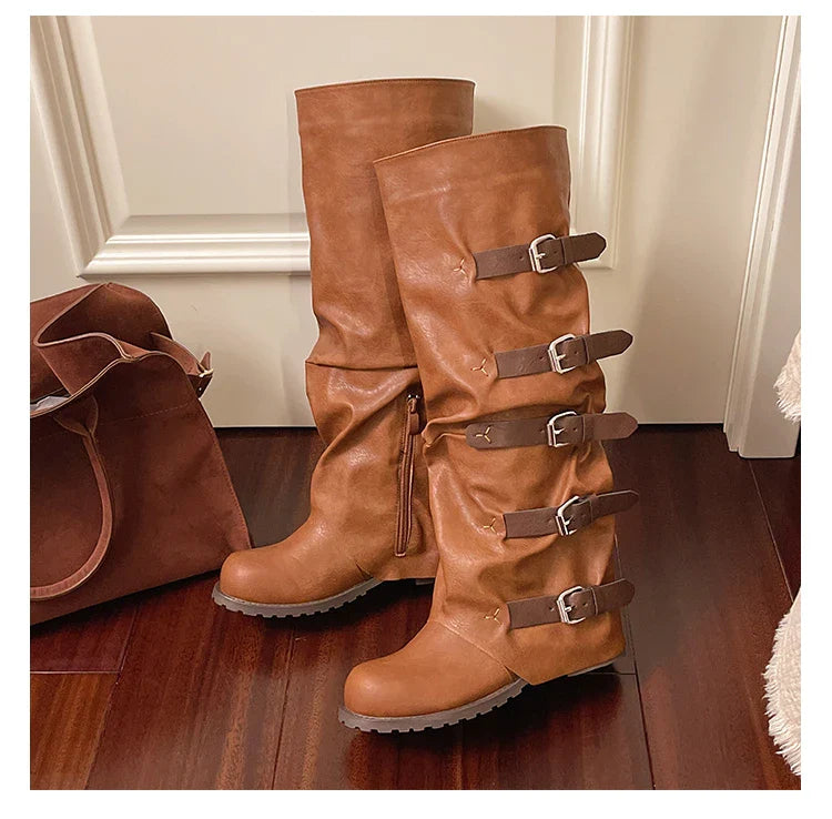 Knee-high Boots Shoes Woman Knight Boots Woman Buckle Chelsea Long Botas Pu Leather Motorcycle Shoes