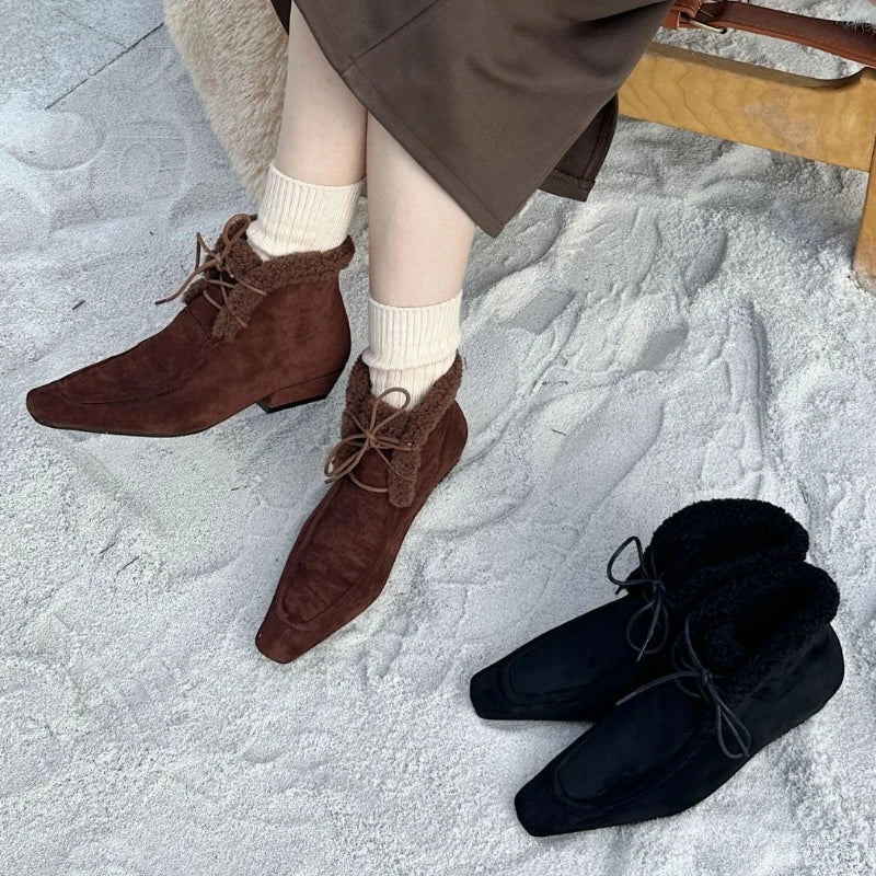 Lace Up Short Fluffy Warm Ankle Boots Comfort Square Toe Chunky Suede Short Boots Low Heels Party Shoes