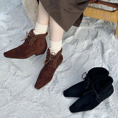 Lace Up Short Fluffy Warm Ankle Boots Comfort Square Toe Chunky Suede Short Boots Low Heels Party Shoes
