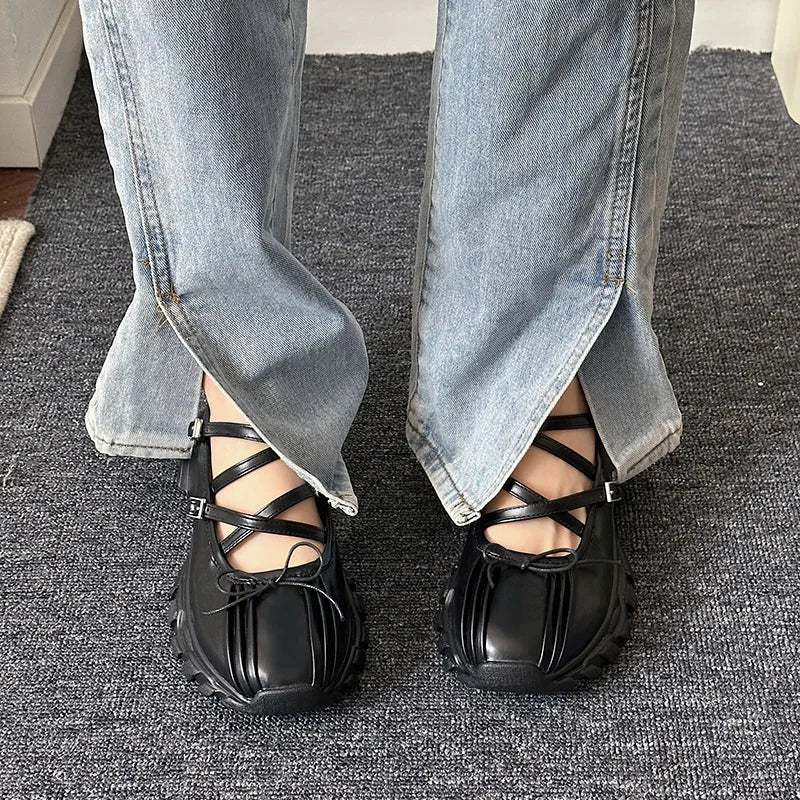 Chunky Sports Shoes Shallow Butterfly-knot Platform Sneakers Casual Flats Outdoor Mary Jane Shoe