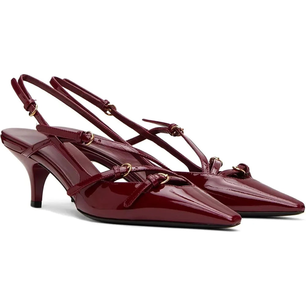 Brand Design Med Heels Pumps Pointed Toe Buckle Party Trend Slip-on Mules Pumps Slingback Stiletto Shoes