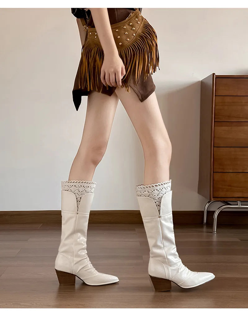 Pleated Design Knee-High Boots Vintage Faux Suede Lace High heels Western Cowboy Long Booties Shoes