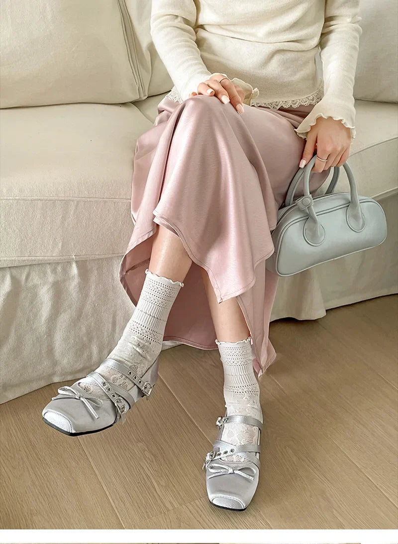 Butterfly-knot Flat Mary Jane Comfort Soft Sole Elegnat Square Toe Dress Ballets Shoes