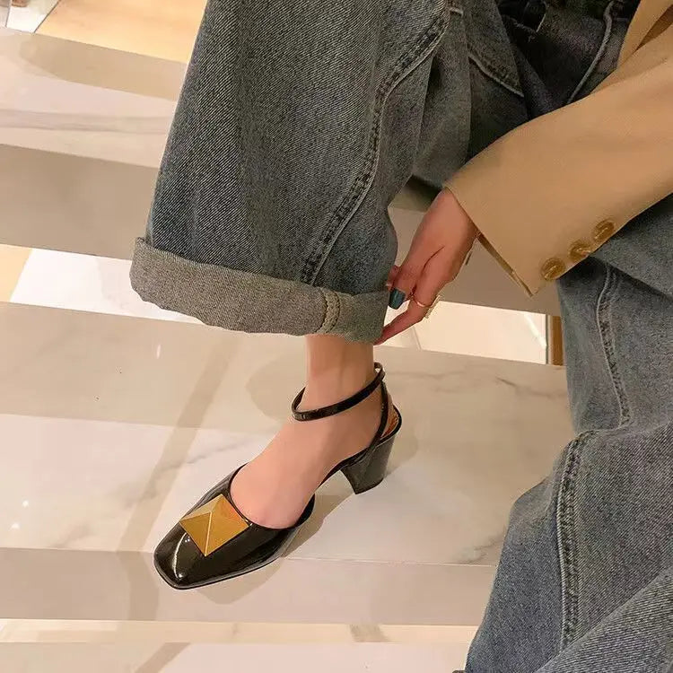 Rivet High Heel Sandals Woman Chunky Heel Sandals Heel Hollow High Heel Shoes Big Rivet Shoes