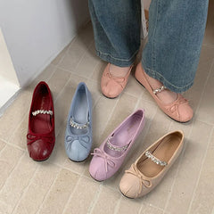 Pink Rhinestones Mary Janes Flats Lolita Shoes Soft Round Toe Footwear Shallow Ballet Flats Shoes
