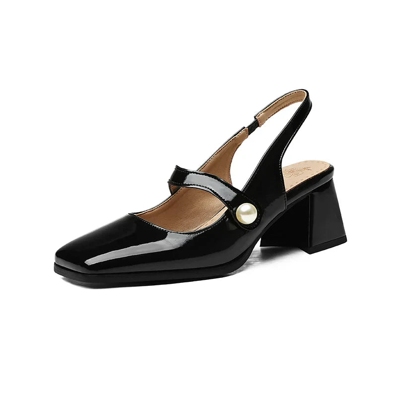 Slingback Sandals Square Toe Patent Leather Block High Heeled Mary Jane Shoes Gold Silver
