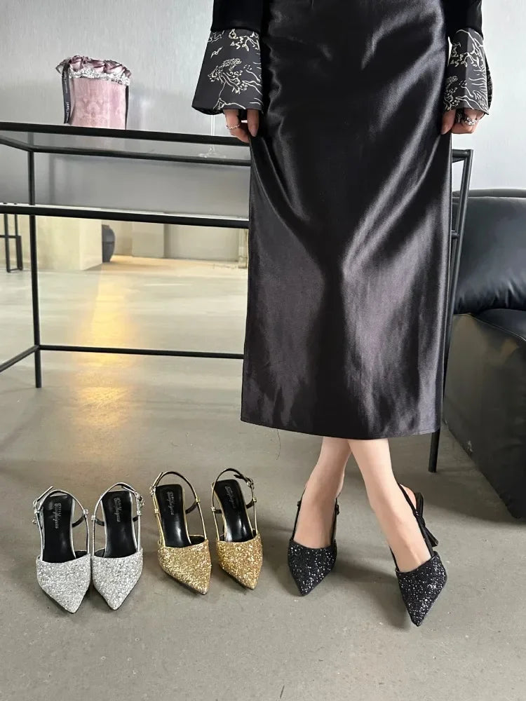 Bling Design Mules Sandals Pointed Toe Thin High Heels Back Strap Banquet Pums