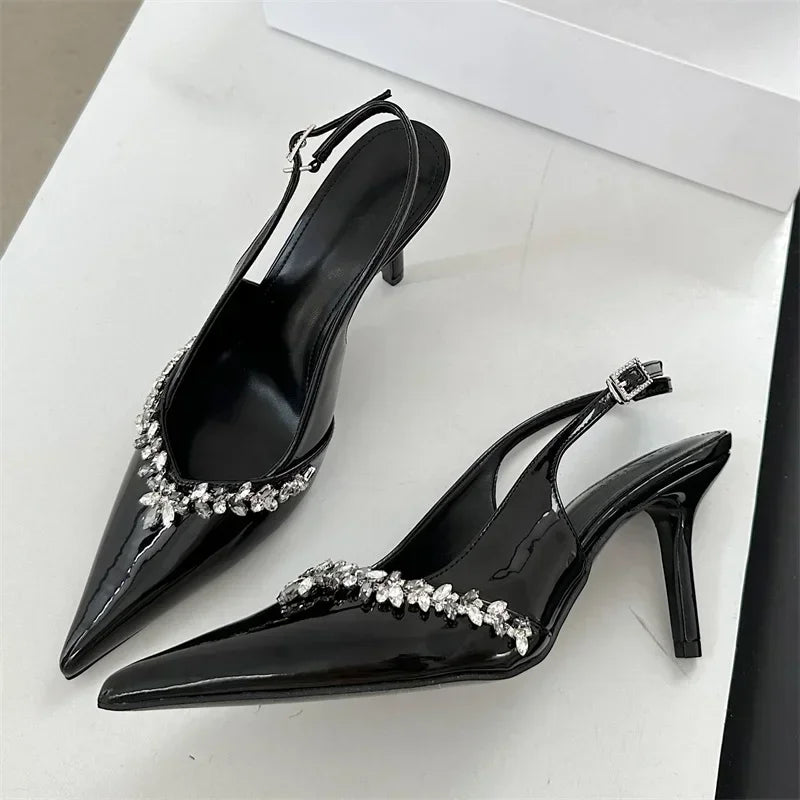 Rhinestone Buckle Strap Pointed Toe Thin High Heels Slingbacks Heels Sandals Party Prom Shoes