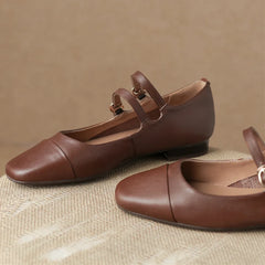 cow leather round toe double metal buckle round toe mary jane flats leisure soft comfortable ballerinas hot