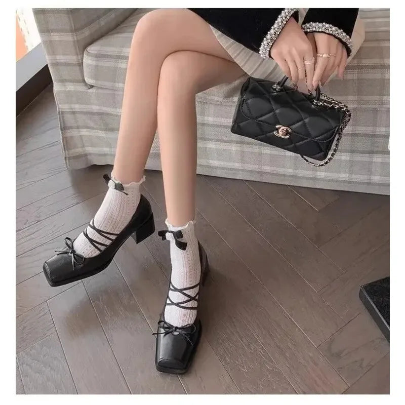 Mary Jane Flat Heels Retro Style Shoes Sweet Cool Butterfly Knot High Heels Comfortable Rubber