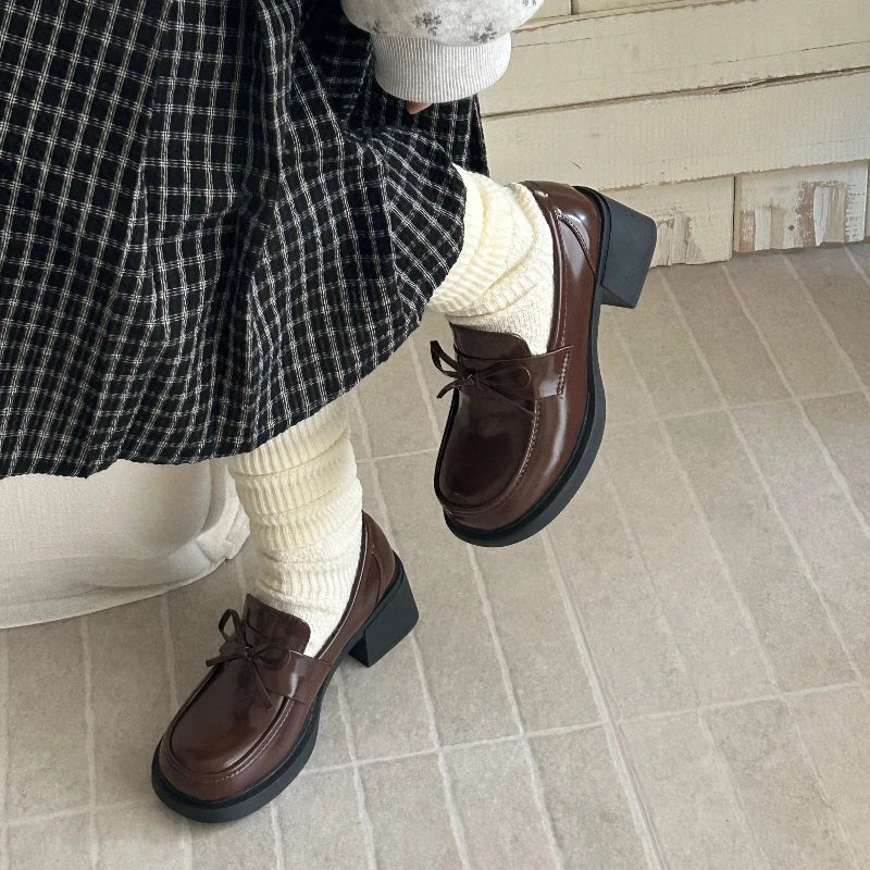 College Style Platform Loafers Shoes Shallow Slip On Shoes Elegant Thick Heel Leather Shoes