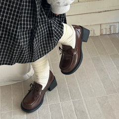 College Style Platform Loafers Shoes Shallow Slip On Shoes Elegant Thick Heel Leather Shoes