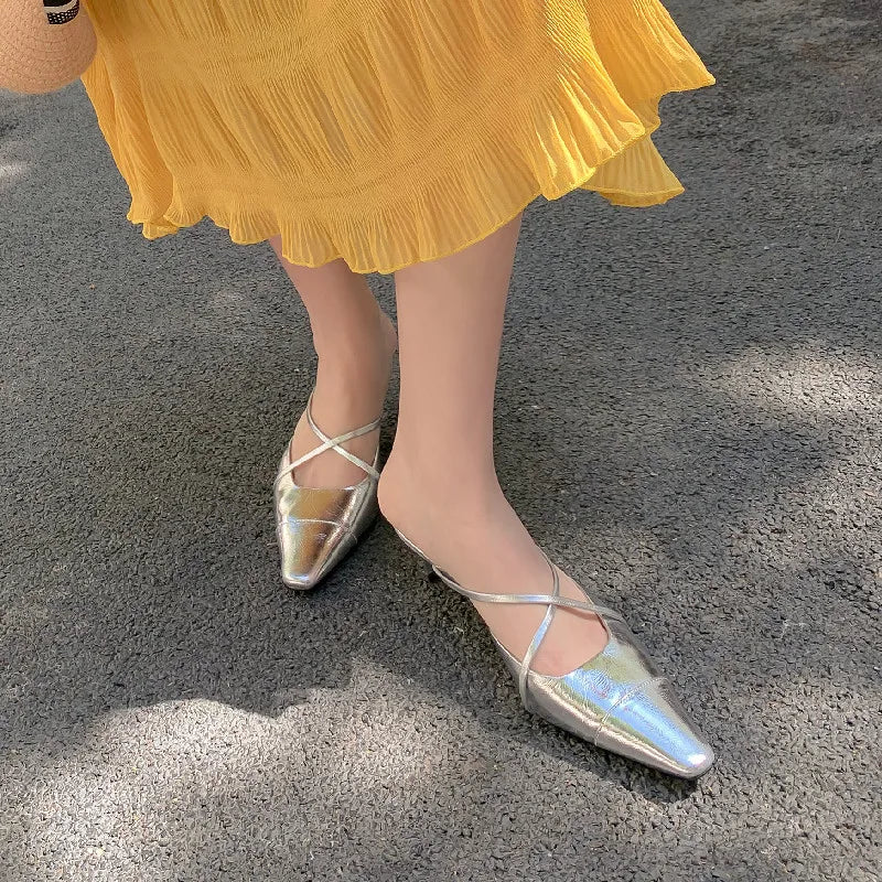 Elegant Party Genuine Leather Thin Heels Mules Slippers Narrow Band Shoes Woman