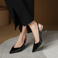 Elegant Slingback High Heels Sandals Woman Rear-Strap Shoes Office Dress Shiny Leather Pumps Pointed Toe Cut-Out Tacones