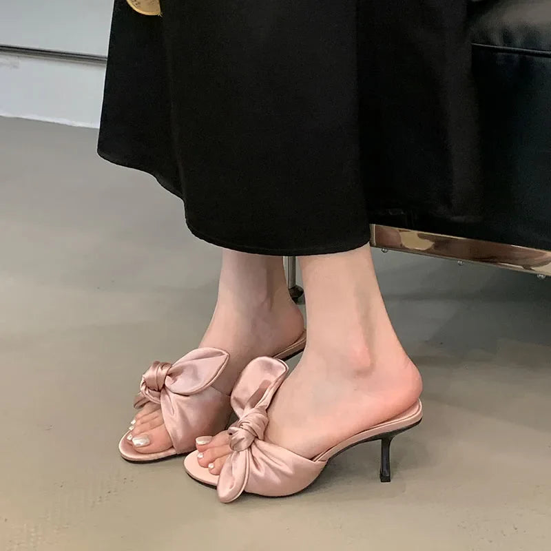 Round Toe High Heels Pumps Slides Shoes Butterfly-Knot Heeled Sandals Shoes