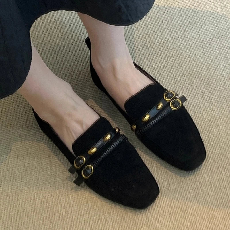 British Style Suede Square Toe Loafers Retro Belt Buckle Design Flats Shoes Comfortable Casual Commute Office Shoe