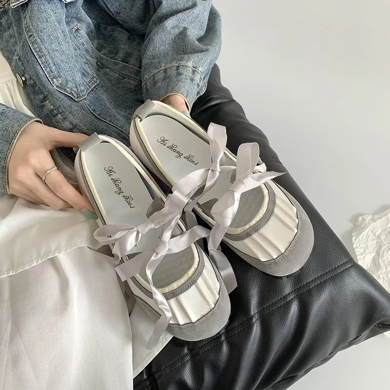 Round Toe Bow Flats Loafers Outdoor Slip on Soft Bottom Mary Jane Shoes Casual Ballerina Shoes