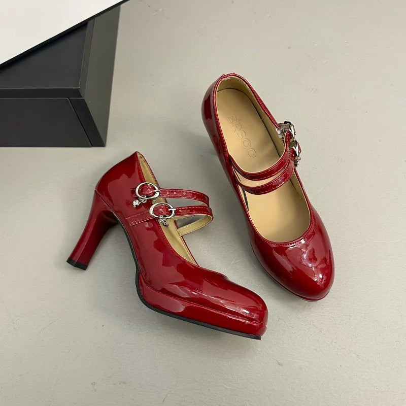 Thick Heel Mary Jane Shoes Concise Shallow Belt Buckle Shoes Outdoor Elegant Dress Dancing Pumps