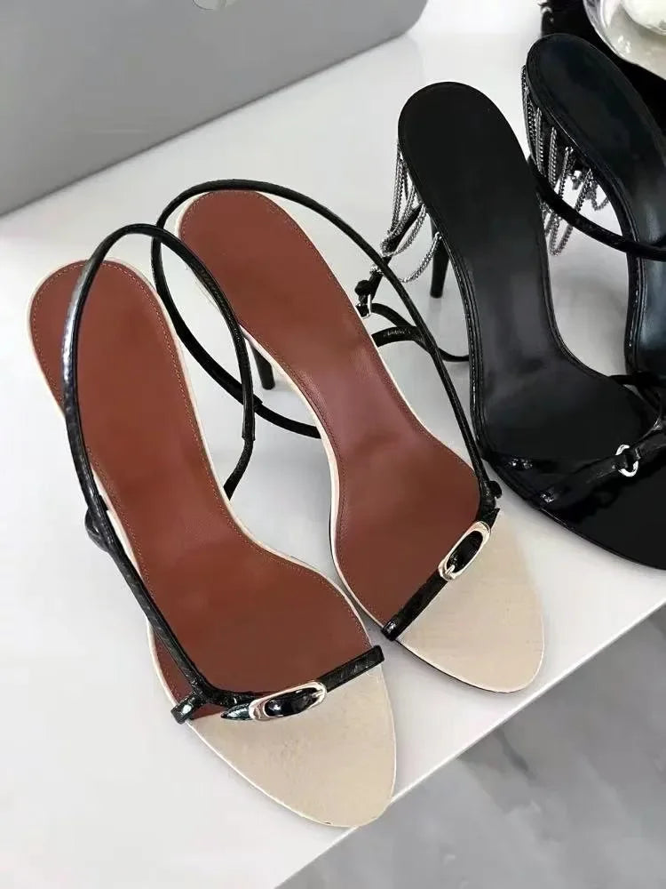 Buckle Open Toe Slip on Back Strap Sandals Black White High Heels Wedding Prom Shoes Zapatos Mujer