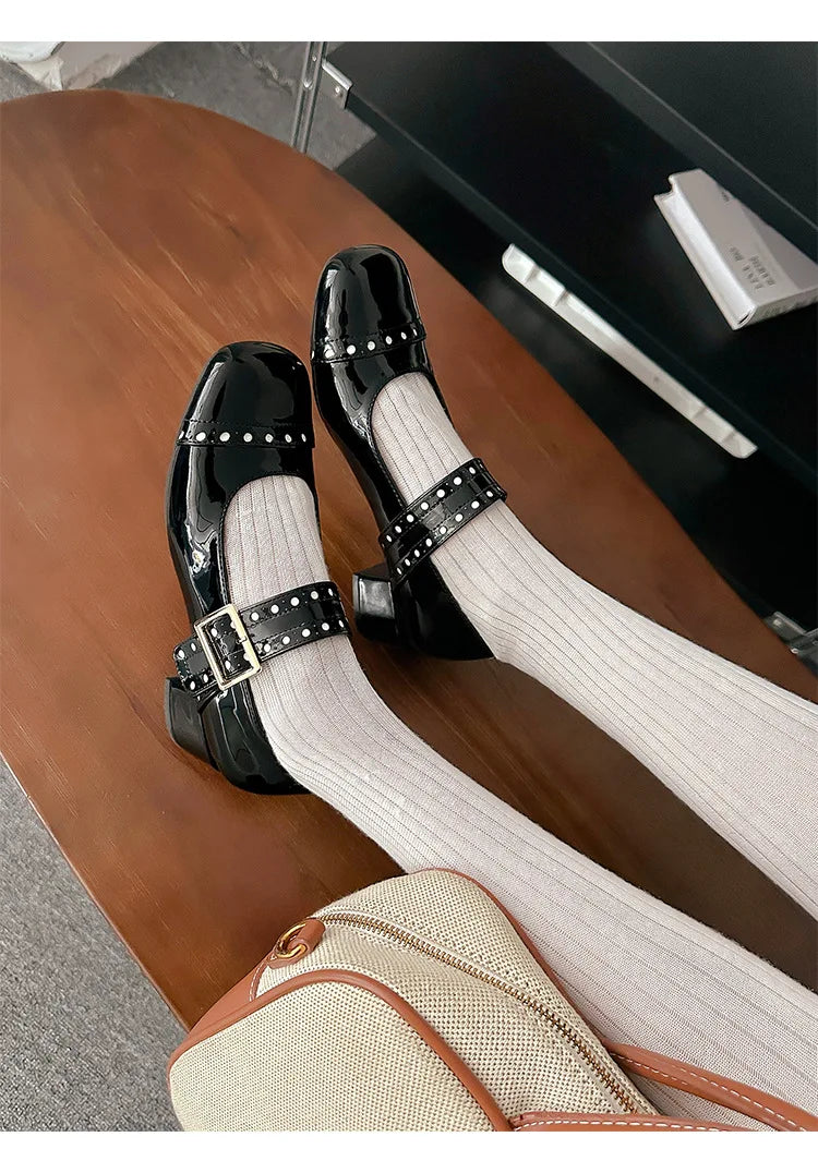 Sweet Patent Leather Buckle Strap Mary Jane Shoes Round Toe Dress Pumps Shoes Brand High Heels