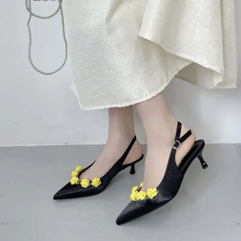 Pink High Heels Pointed Toe Slingback Shoes Small Flower Low Heel Office Shoes Black Pumps White Talons Femme