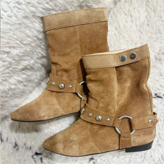 Brown Western Boots Metal Belt Rivet Buckle Casual Flat Shoes Ankle Booties Zapatos De Mujer