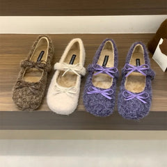Elegant Purple Fluffy Warm Ballet Flats Fall Bow Design Flat Loafers Comfortable Soft Sole Mary Jane Shoes